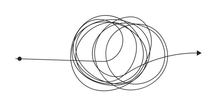 Messy tangle continuous one line drawing of chaos and confusion turning into a clear path and target. Problem solving, goal achievement, and brainstorming process concept in eps 10.