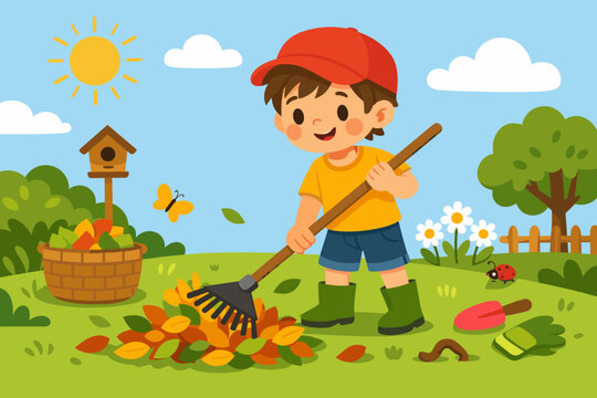 Cute Little Boy Raking Autumn Leaves in the Garden Vector Illustration. Happy Child Gardener Cleaning Backyard with Rake, Basket, and Tools. Sunny Day Outdoor Seasonal Activity for Kids.