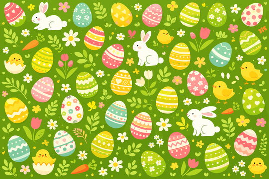 Seamless Easter Pattern with Colorful Decorated Eggs, Cute White Bunnies, Yellow Chicks, and Spring Flowers on a Green Background. Flat Vector Illustration for Holiday Wrapping Paper and Decoration