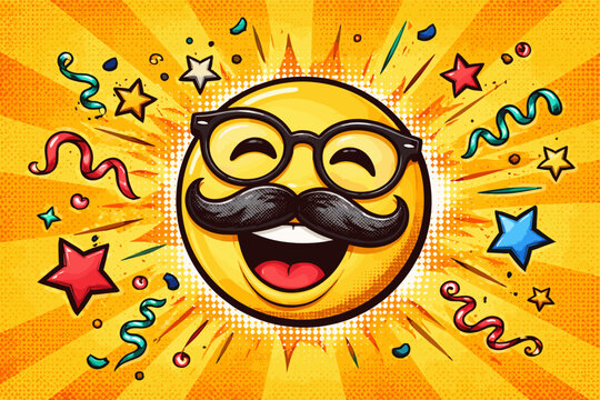 Retro Comic Book Style Illustration of a Laughing Yellow Emoji Face with a Black Mustache and Glasses, Surrounded by Colorful Stars and Streamers on a Vibrant Sunburst Halftone Background