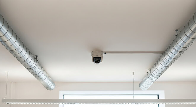 Security camera mounted on ceiling with exposed ductwork and modern lighting in commercial space; surveillance equipment indoors