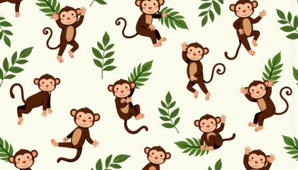 Naklejka premium Playful Cartoon Monkeys Dancing Amidst Green Leaves on a Light Background Creating a Joyful Jungle Theme