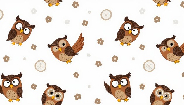 Seamless vector pattern featuring cartoon owls and whimsical floral motifs on a white background, creating a playful and cheerful design perfect for various creative projects.