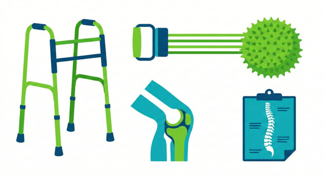 Vector illustrations for physical therapy, rehabilitation, and wellness, including a mobility walker, exercise tool, anatomical knee joint, and a spine health chart