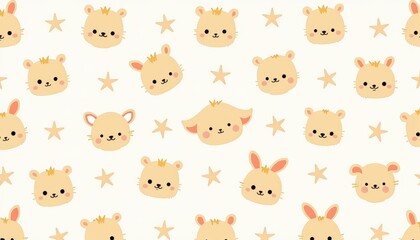 Obraz premium Seamless Pattern with Cute Animal Faces and Stars in Soft Pastel Colors on a Light Background for Child-Friendly Design