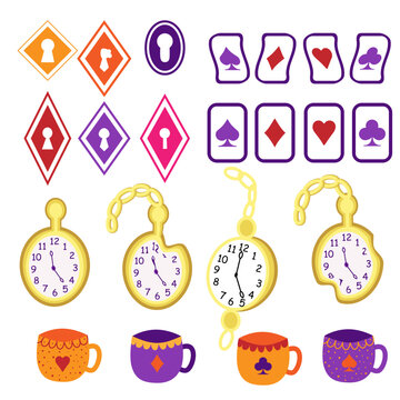 Big set of Wonderland vector illustrations. White rabbit, Alice, cat, hat, key, clock, cup of tea and rose, mushrooms and others