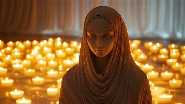 A woman's head is on a mannequin. The mannequin is wearing a gold scarf. Muslim woman in hijab. Mannequin bride in wedding white festive dress and hijab. Modesty. Religion Islam. Wedding and engagemen