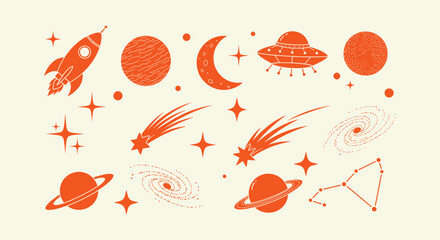 Retro Orange Hand Drawn Celestial Space Elements with Rocket Planets UFO Stars and Comets Set. © Salma
