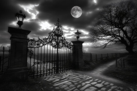 Moonlit gothic gate with cobblestone path and tree, eerie black and white night landscape