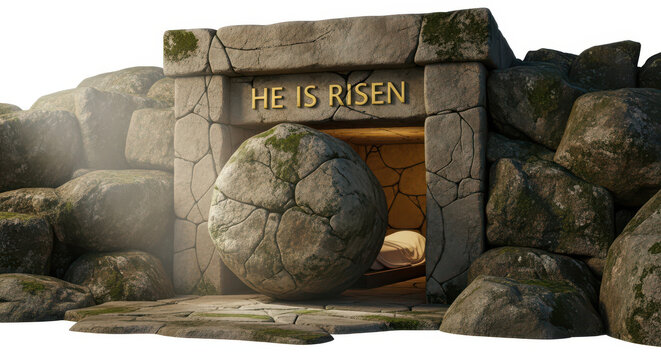 Stone tomb entrance with boulder rolled aside and 'He is Risen' text.