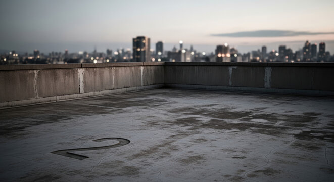 Cityscape view from rooftop featuring the number two painted on concrete under dim light at dusk urban scene with distant buildings