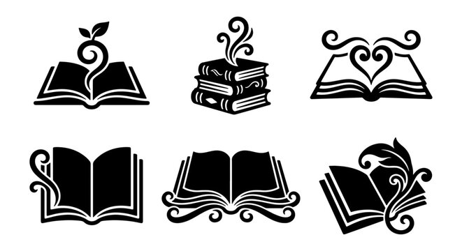 Vintage book icons set, black silhouette literary symbols with floral swirls and heart, 6 vector elements for library and education branding