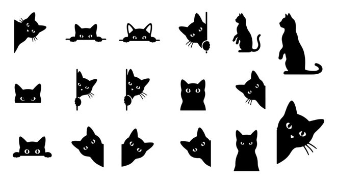 Black cat silhouette vector set, 18 peeking cat icons in minimalist style, curious kitten heads and feline shapes for web design and stickers