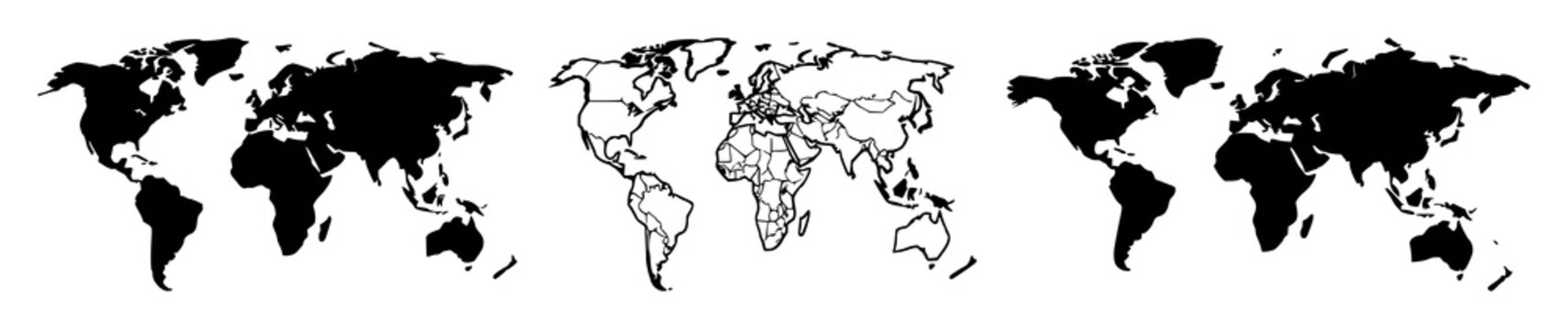 World map icon set with solid black silhouette on white background featuring world map, iconography, graphic design with minimalist and vector