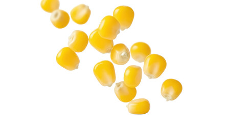 Fototapeta premium Vibrant yellow sweet corn kernels, ripe, suspended mid-air against a transparent studio background, sharp focus, soft bokeh, high-key light, photorealistic still-life, fresh vitality concept