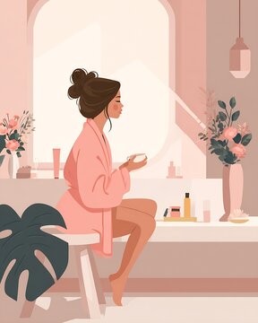 Woman in pink robe enjoying a quiet moment with a cup on a bathroom vanity surrounded by skincare products and flowers