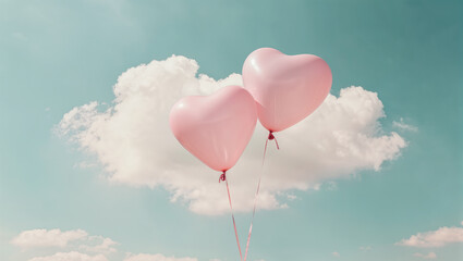 Fototapeta premium Mothers day two pink heart shaped balloons floating in the air with clouds