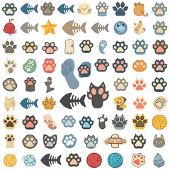 Obraz premium collection of colorful cartoon animal paw prints and pet icons set on white background