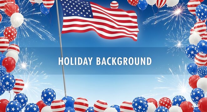 American flag waving with red white and blue balloons and fireworks in the background for 4th of july celebrations