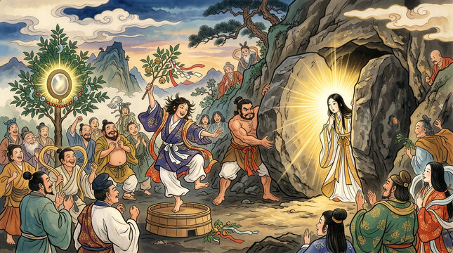 天岩戸伝説：アメノウズメの舞と天照大神の出現