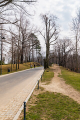 Obraz premium Fork in a Mountain Road with a Narrow Stony Hiking Trail and a Gravel Access Road Winding Through a Rugged Alpine Landscape Under a Misty Grey Sky at High Altitude
