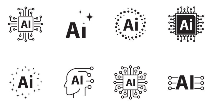 Smart AI agent solid icon set featuring virtual chat bot assistant, digital robot support, machine learning brain, and voice technology automation vector symbols 