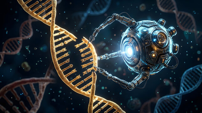 An intricate nanobot carefully manipulating and mending a complex double helix DNA structure in a futuristic setting.