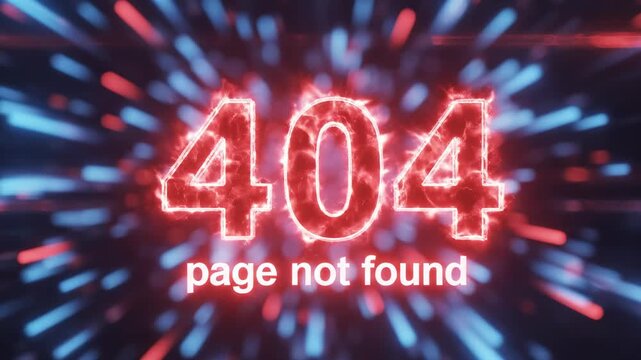 This depicts a 404 error page with a futuristic neon design, indicating technical difficulties on a website. The vibrant colors and dynamic lights convey a sense of distress and alarm, highlighting