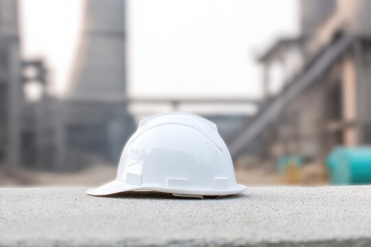A pristine blank white safety hard hat sitting on a concrete surface, blurred factory in background, logo mockup