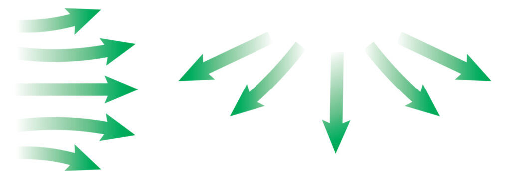 Set of blue arrow showing wind air flow isolated on white background, air direction signs. Air conditioning arrows
