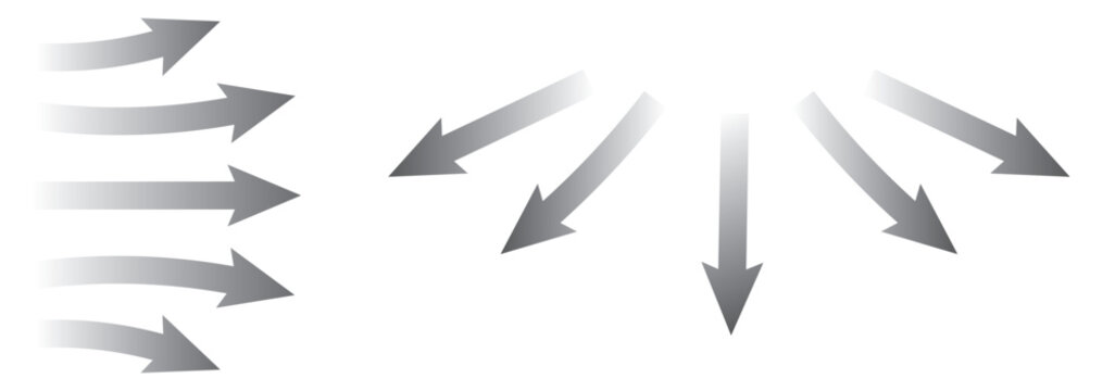 Set of blue arrow showing wind air flow isolated on white background, air direction signs. Air conditioning arrows
