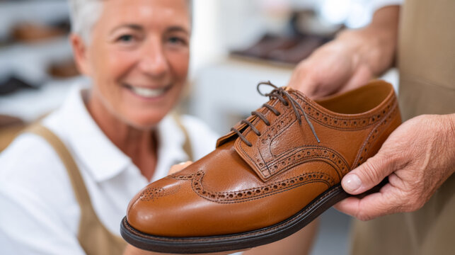 Customer experience in shoe store with retail assistant assisting shoe fitting