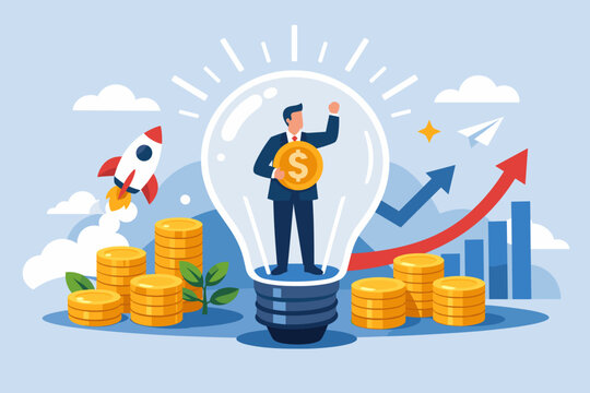 Businessman standing inside a light bulb holding a dollar coin, representing innovative business ideas, startup growth with a rocket, financial success, investment strategy, and creative vision.