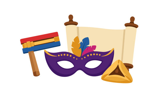 Purim Holiday Symbols Flat Vector Illustration with Colorful Carnival Mask, Wooden Grogger Noisemaker, Megillah Scroll, and Traditional Hamantaschen Cookie for Jewish Festival Celebration Design