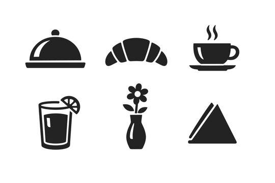 Set of Black Breakfast Glyph Icons Featuring a Serving Tray, Croissant, Hot Coffee Cup, Glass of Fresh Juice with Lemon, Flower in a Vase, and a Napkin for Cafe, Restaurant, and Morning Meal Design.