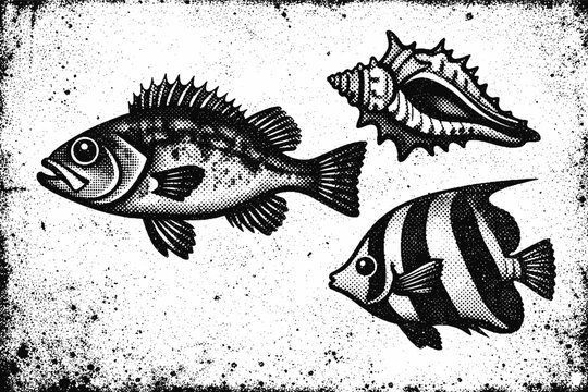 Retro Ocean Elements with Photocopy Effect for Collages. Vintage Sea Fish and Seashell Illustration with Grunge Texture and Halftone Pattern. Black and White Nautical Vector Art Design Set.