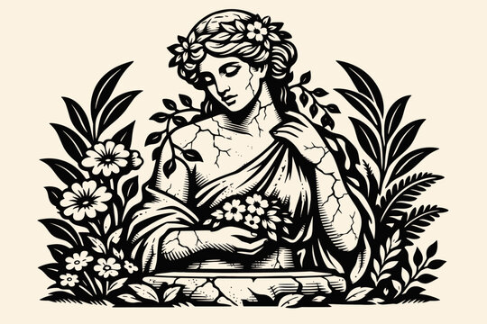 Vintage engraving of a classical stone statue of a goddess with human proportions, featuring botanical elements, flowers, and leaves in a simple flat vector style for mythological art design.
