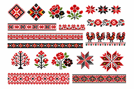 Set of Traditional Ukrainian Embroidery Ornaments and Patterns in Geometric Cross-Stitch Style. Ethnic Folk Vyshyvanka Designs with Floral, Rooster, and Star Motifs for Textiles and Decor.