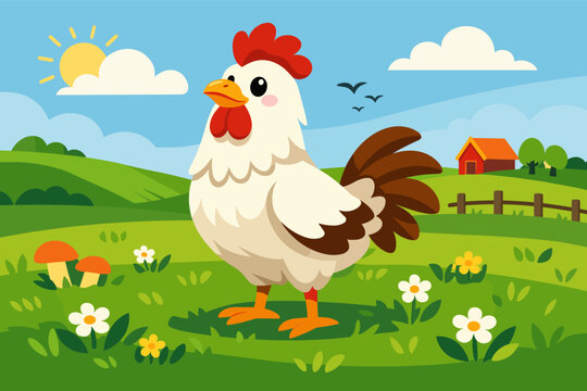 Whimsical Cartoon Chicken Standing Proudly in a Vibrant Green Field with Flowers, Mushrooms, and a Farmhouse under a Sunny Sky, Flat Vector Illustration for Children's Books and Farm Graphics.