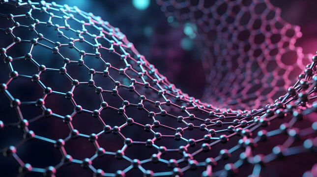 An abstract 3D rendering of a hexagonal graphene lattice structure bathed in vibrant blue and pink light.