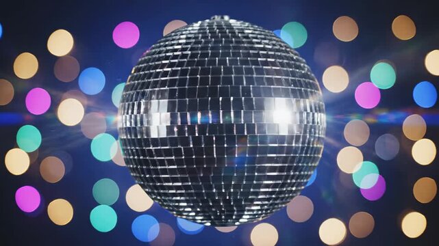 This captures a dynamic and energetic scene of a disco ball in action, surrounded by a kaleidoscope of colorful lights. The shiny surface of the ball reflects and amplifies the vibrant atmosphere of a