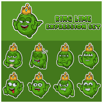 Cartoon Mascot Of Lime Fuit Character with king and expression set.