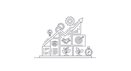 Naklejka premium Bar chart with an upward arrow represents business growth through strategic planning, goal setting, and sustainable development while incorporating symbols of partnership and innovation for success.
