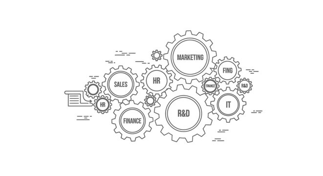 Gears representing corporate departments like sales, marketing, finance, and human resources are linked together to illustrate a cohesive and integrated organizational structure within a business.