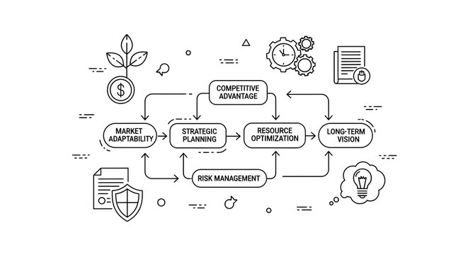 Business strategy flowchart with icons illustrating market analysis planning risk management and competitive advantage