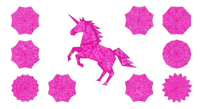 Pink glitter unicorn with decorative shapes