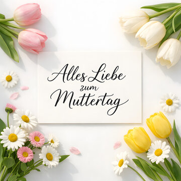 Elegant Mother&rsquo;s Day greeting card with German text &ldquo;Alles Liebe zum Muttertag&rdquo;, surrounded by fresh tulips and daisies, soft natural light, minimal flat lay, clean and modern spring aesthetic.
