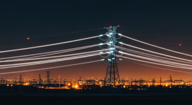 High voltage power lines transmit energy over transmission tower at night with bokeh city lights and twilight sky background.
