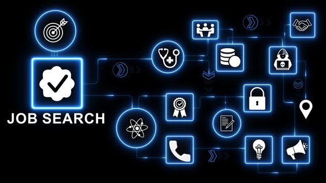 Advanced technology icons network with job search user briefcase icon system showing employment finding recruitment process and career platform interface motion graphics 4k animation video