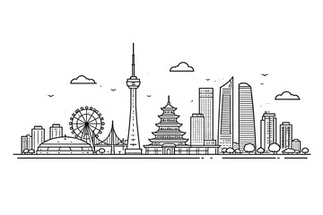 Obraz premium Changchun China City Skyline Illustration with Simple Dark Lines on White Background. Flat Vector Art featuring Landmarks like the TV Tower, Pagoda, Ferris Wheel, Bridge, and Modern Skyscrapers.